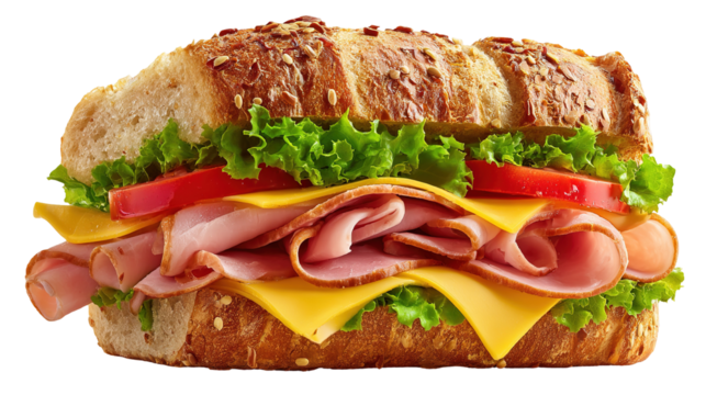 Ham and cheese salad submarine sandwich from freshly cut baguette