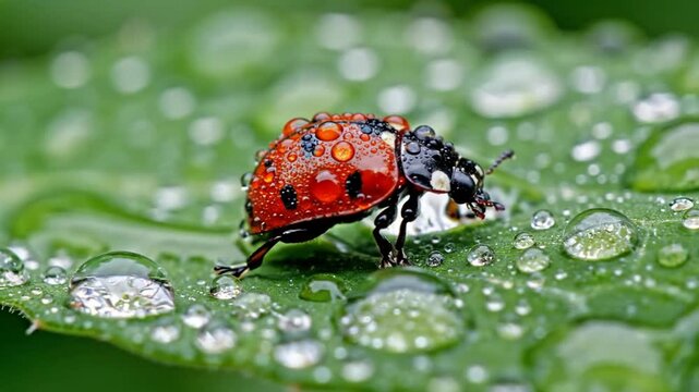 Ladybird beetle closeup on a green plant leaf in a summer garden with black and red colors for a macro nature shot