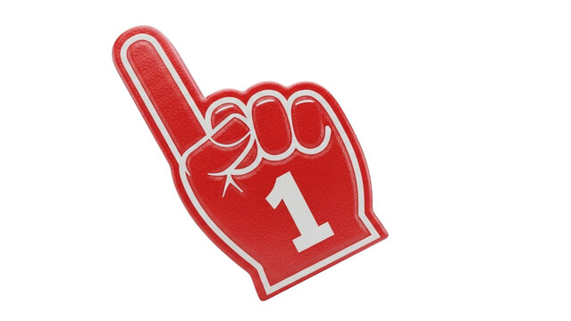 Red foam finger showing the number one symbol isolated on transparent background for marketing success.