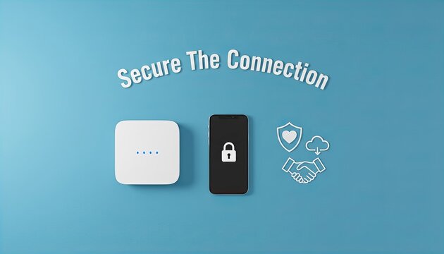 Words written ‘Secure The Connection’ above a Wi-Fi router, smartphone, and signage symbol