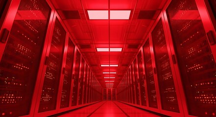 A long, redlit server room corridor, filled with rows of computer servers, creating an intense and hightech atmosphere for data processing