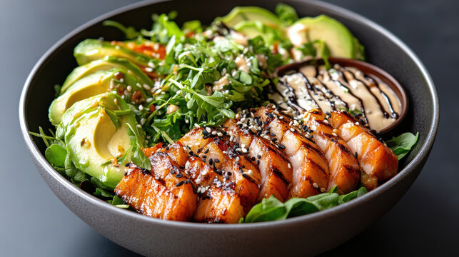 Seared salmon poke bowl with avocado greens sesame and citrus soy dressing, fresh and vibrant