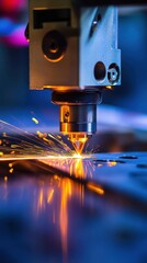 Laser Cutting Steel Metal Surface with Glowing Sparks