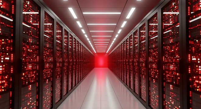 Illuminated server room with rows of server racks and red lights, providing a sense of security and efficiency in data storage and processing