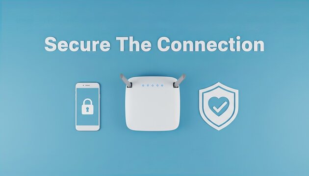 Words written ‘Secure The Connection’ above a Wi-Fi router, smartphone, and signage symbol - Powered by Adobe