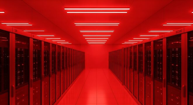 Illuminated server room with rows of server racks and red lights, creating a sense of security and efficiency in data storage and processing