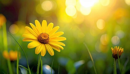 A single yellow daisy in full bloom stands tall in a grassy field, bathed in the warm glow of sunlight.