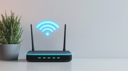Modern WiFi router with glowing signal on a minimal white desk