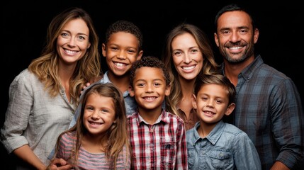 A cheerful family poses together in a studio setting. Adults and children smile widely, showcasing their bond and happiness as they enjoy their time together on a sunny day.