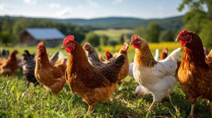 Fototapeta premium Chickens of various colors roam freely across a vibrant green field on a sunny day. In the distance, a rustic barn and rolling hills create a peaceful farm scene.