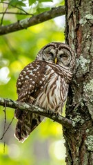 Barred owl roosts peacefully on a tree branch in the dappled sunlight, appearing to be sleepy and relaxed
