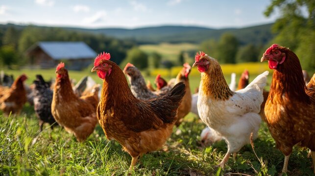 Chickens of various colors roam freely across a vibrant green field on a sunny day. In the distance, a rustic barn and rolling hills create a peaceful farm scene. - Powered by Adobe