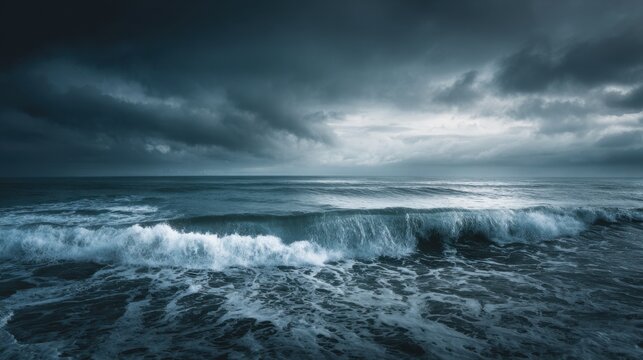 Ocean waves break forcefully on the sandy beach as dark clouds gather overhead. The scene captures the intensity of a storm approaching at dusk.