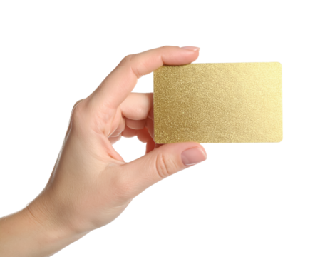 Gold business card mockup hand holding blank golden card design on transparent background