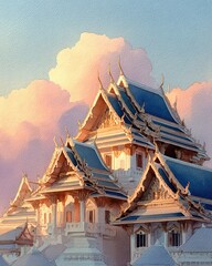 Majestic Temple with Ornate Roofs Against Colorful Sky at Dusk