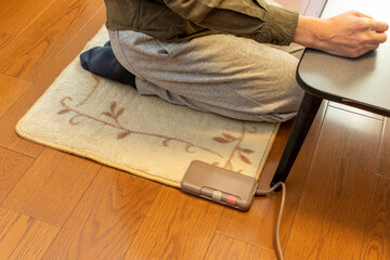 電気カーペットの上に正座で座る人物