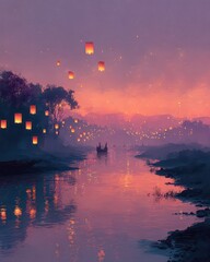 Enchanted Evening with Floating Lanterns Above Serene River Landscape