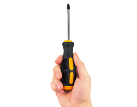 Hand holding screwdriver tool for repair and construction work on transparent background