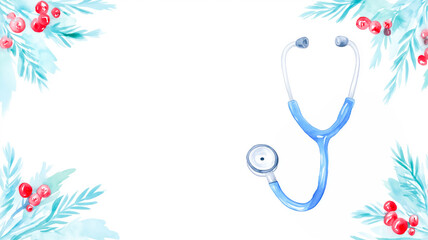 Medical stethoscope with winter holiday decorations. Watercolor illustration for Christmas and New Year. Healthcare concept with copy space