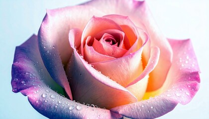 A macro shot of a single rose bloom, showcasing its intricate layers of petals with a gradient of pink and purple hues, adorned with glistening water droplets.