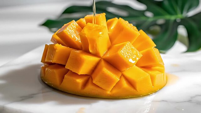 Fresh Ripe Juicy Mango Cut into Cubes on a White Marble Surface with Blurred Tropical Green Leaf Background Delicious Healthy Summer Fruit Snack Dessert