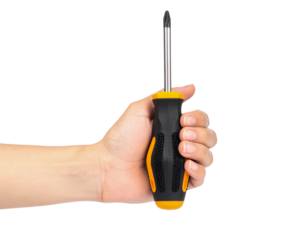 Holding screwdriver tool hand repair construction equipment work on transparent background