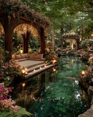 Serene Garden Oasis with Fairy Lights and Tranquil Water Features