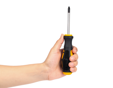 Hand holding screwdriver tool repair equipment on black background on transparent background