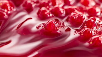 a border of thick, melted raspberry syrup with a high-gloss finish, oozing down in soft ripples and round drips, capturing the viscosity and richness of fresh fruit jam