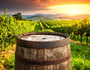 Barrel in the foreground, vineyard rows stretching to hills, and a vibrant sunset sky beyond