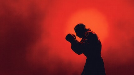 Silhouette of a boxer in a glowing red environment