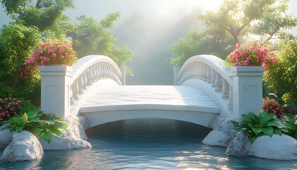 White arched garden bridge with pink roses over blue water arched bridge white bridge