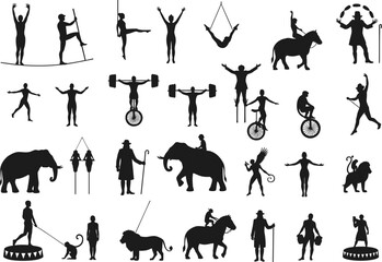 Circus performers, acrobats, jugglers, and trained animals in dynamic silhouette vector set, featuring balance acts, stunts, unicycles, and artistic performance elements for creative design projects © Goutom