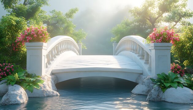 White arched garden bridge with pink roses over blue water arched bridge white bridge - Powered by Adobe