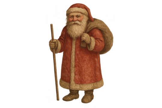 Santa claus with gift sack and staff, a vintage style christmas holiday illustration on transparent background