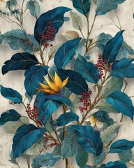 Colorful botanical illustration featuring blue leaves and vibrant flowers