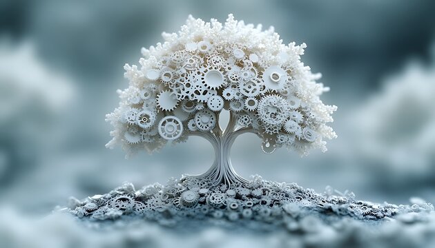 White mechanical tree with gears for leaves and roots on a misty background intricate