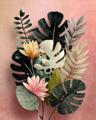 Beautiful Arrangement of Tropical Leaves and Flowers on Pink Background