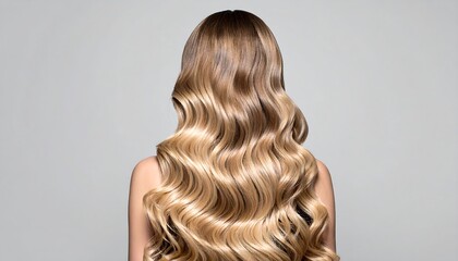 Fototapeta premium Back view shows long, flowing, wavy, blonde ombre hair against a light gray backdrop