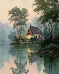 Serene Reflection of Traditional Pavilion Beside Calm Water Body