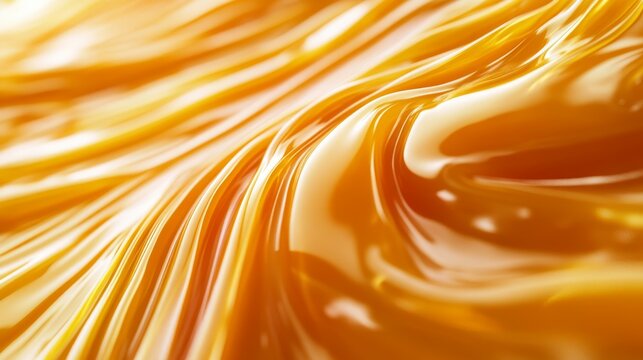 a close-up of golden caramel being drizzled, slowly forming elegant, layered waves that harden into soft peaks, creating a visually satisfying, rich, and glossy texture