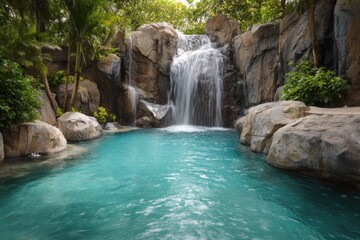 Waterfall cascading into a turquoise pool in a tropical environment