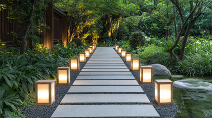Fototapeta premium Garden lantern path garden lantern pathway stepping stone evening tranquil landscape outdoor
