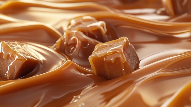 a close-up isometric view of chewy milk toffee pieces partially melted, with smooth caramel ribbons flowing and pooling around, evoking the texture of a soft, warm confection