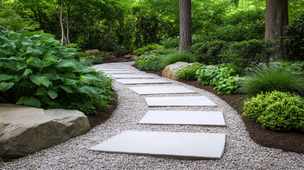 Lush garden path with white stepping stones winding through green foliage, calm and peaceful