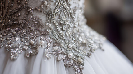 Elegant bridal gown with intricate beadwork and lace details on display