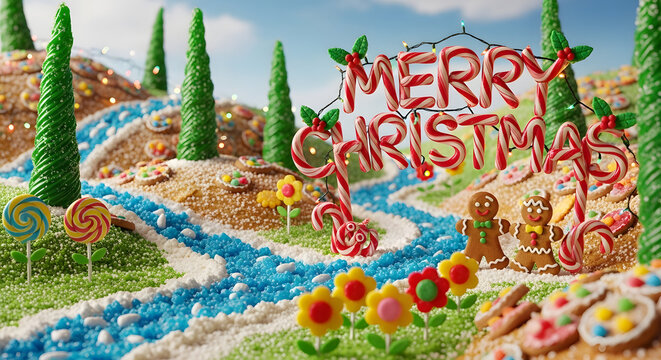 Whimsical gingerbread Christmas land with candy cane Merry Christmas sign and gingerbread people