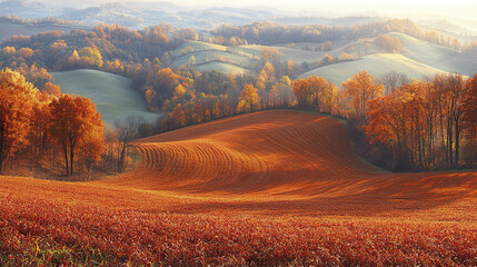 Sunny autumn panorama with rolling hills and vibrant foliage
