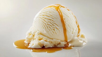 a perfectly rounded scoop of vanilla ice cream, ribbons of silky caramel sauce flowing over the top, rich textures highlighted by soft lighting, white background