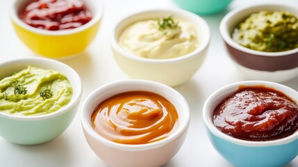 a playful display of dipping sauces in a variety of pastel-hued bowls, neatly placed on a white backdrop, highlighting the creamy textures and inviting colors of mustard, guacamole, soy, ketchup, and